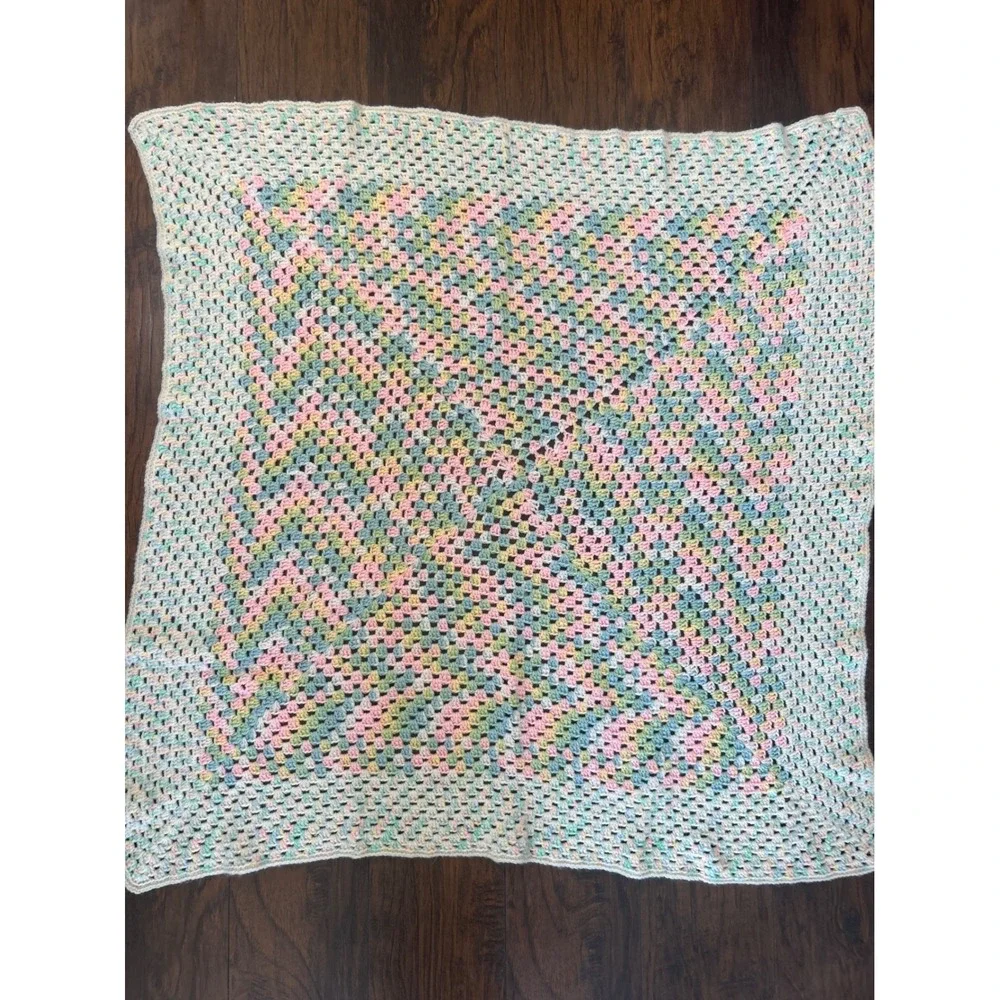 Handmade Crochet Baby Blanket Pastel Pink Green Blue Nursery Throw Muli-Color